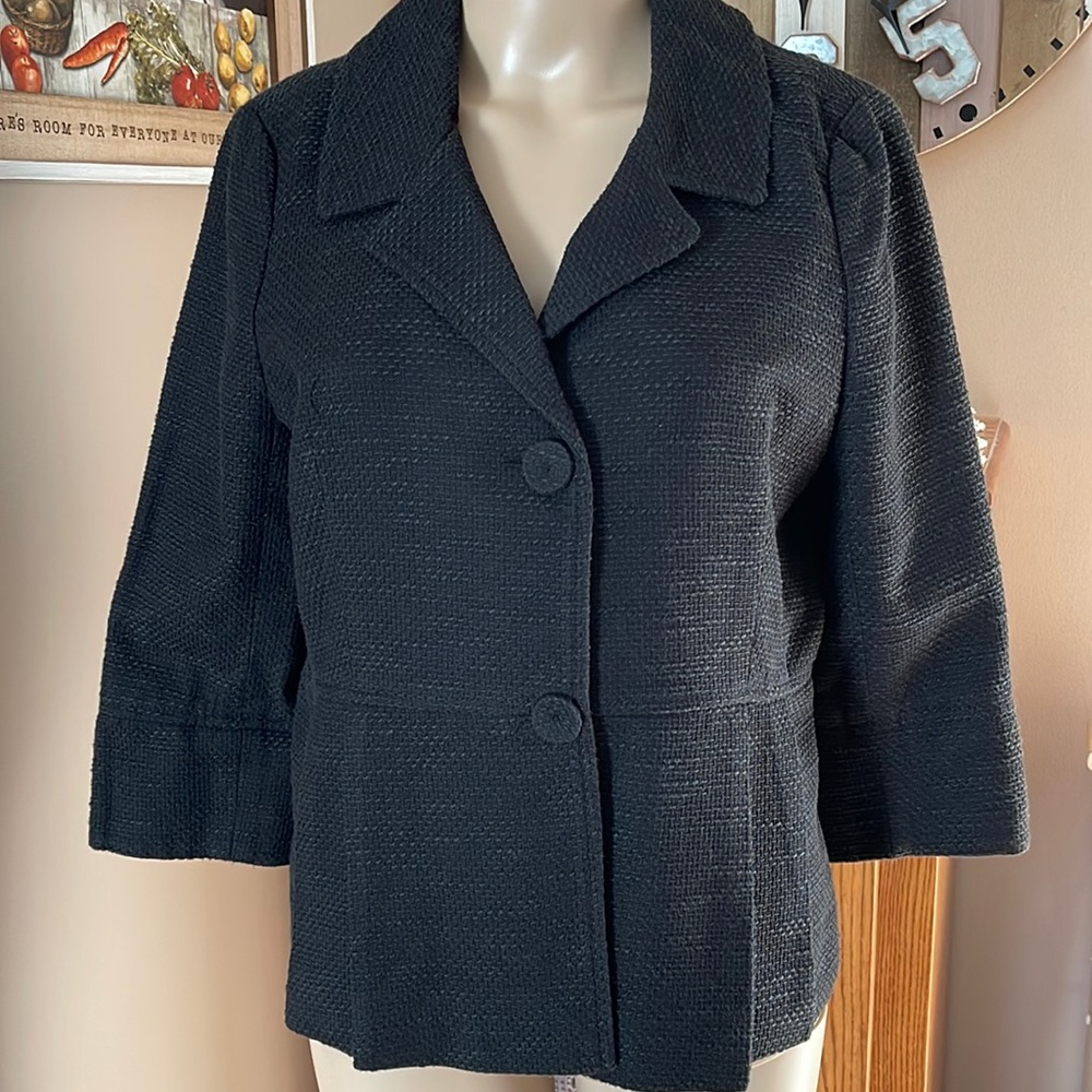 Ann Taylor LOFT PETITES Black 3/4 Sleeve Button Front Blazer Size 12 Petite